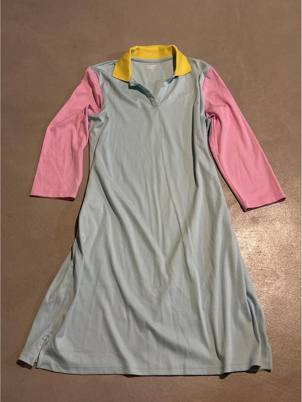 Lands' End Colorblock Polo Dress with Pink Sleeves and Yellow Collar